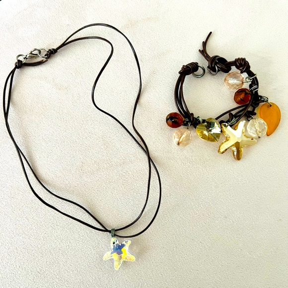 Handmade leather and crystal necklace and bracelet. - Picture 1 of 6